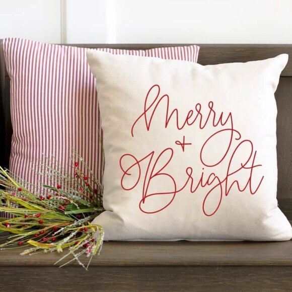 Christmas Pillow Cover. Merry & Bright cursive. 17" x 17" cover. Holiday cover. - Picture 2 of 2